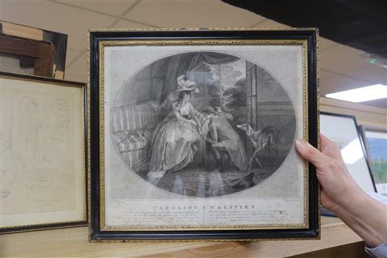 Ogborne after Stothard, pair of stipple engravings, Caroline and Lindorf and Caroline and Walstien, 31 x 34cm